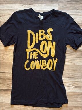 Black Graphic Tee with Yellow 'Dibs on the Cowboy' Print